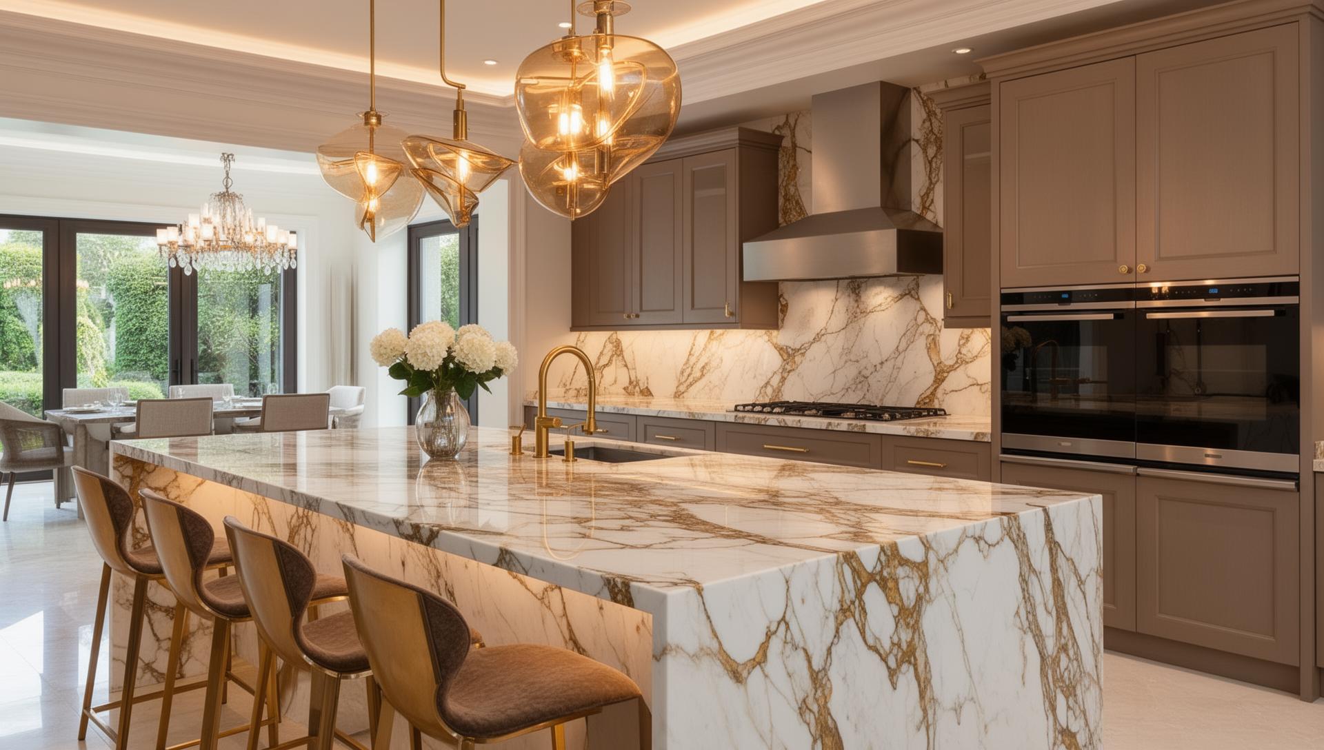 Marble waterfall island installation